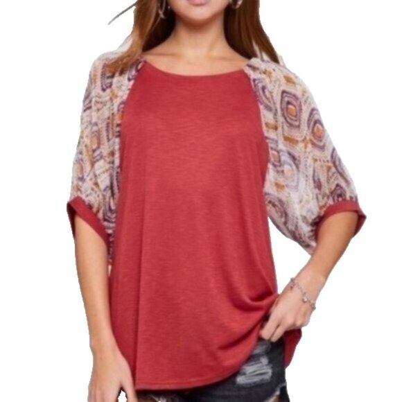 Balloon Sleeve Ribbed Knit Top Women's Blouse Short Sleeve New Boho SzLarge - Picture 1 of 8